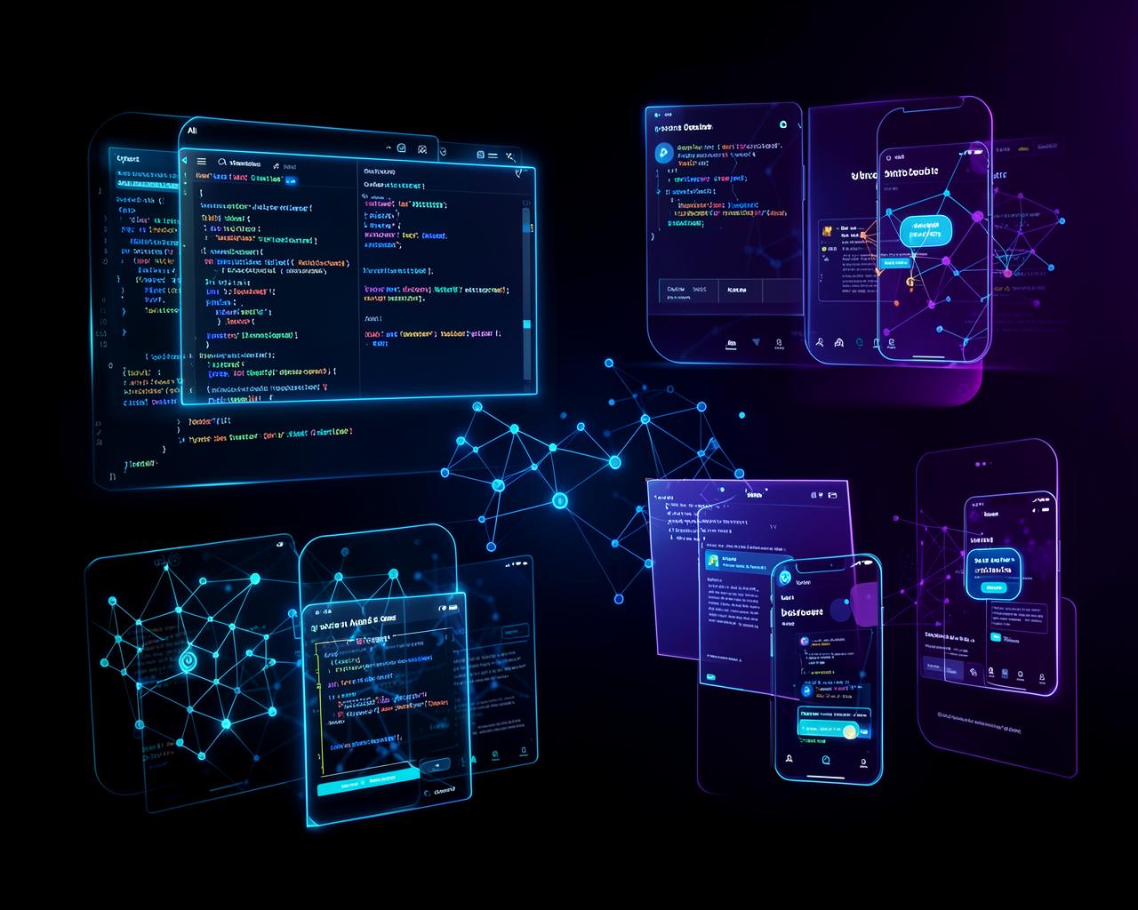 Holographic AI development workspace showing code editors, website layouts and mobile app screens connected by a neural network